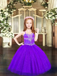 Purple Kids Pageant Dress Party and Quinceanera with Beading Spaghetti Straps Sleeveless Lace Up