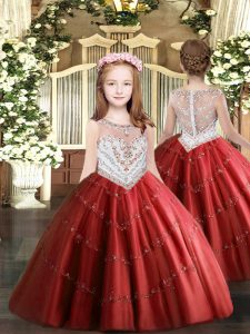 Beading and Appliques Little Girl Pageant Dress Red Zipper Sleeveless Floor Length