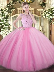Floor Length Zipper Sweet 16 Dresses Rose Pink for Military Ball and Sweet 16 and Quinceanera with Beading