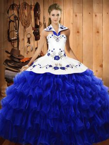 Royal Blue Sleeveless Floor Length Embroidery and Ruffled Layers Lace Up Quinceanera Gown