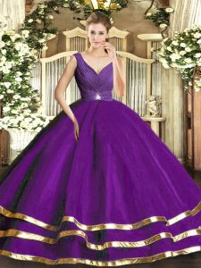 Romantic Purple Ball Gowns Tulle V-neck Sleeveless Ruffled Layers Floor Length Backless Vestidos de Quinceanera