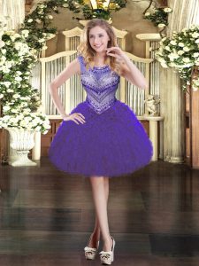 Mini Length Purple Homecoming Dress Organza Sleeveless Beading and Ruffles