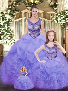 Custom Design Lavender Sleeveless Floor Length Beading and Ruffles Lace Up Quinceanera Gowns