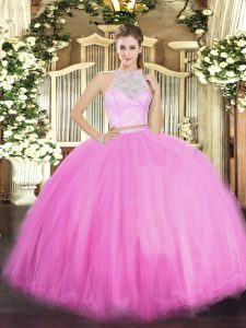Rose Pink 15 Quinceanera Dress Military Ball and Sweet 16 and Quinceanera with Lace Scoop Sleeveless Zipper
