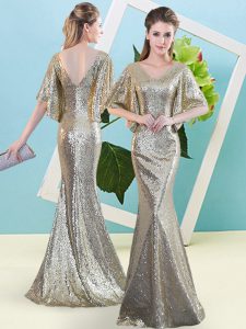 Fabulous Silver Ball Gowns Sequined V-neck Half Sleeves Sequins Floor Length Zipper Prom Gown