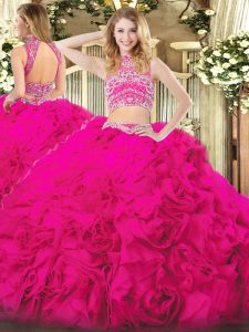 Floor Length Two Pieces Sleeveless Hot Pink Quince Ball Gowns Backless