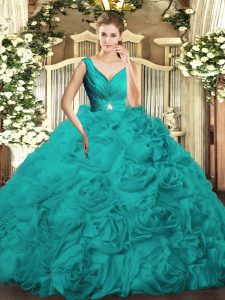 Fabric With Rolling Flowers V-neck Sleeveless Backless Beading and Ruching Quinceanera Gowns in Turquoise