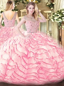 Excellent Baby Pink Sleeveless Sweep Train Beading and Ruffled Layers Quinceanera Gown
