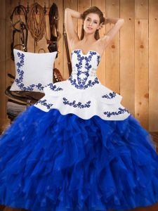Blue And White Lace Up Ball Gown Prom Dress Embroidery and Ruffles Sleeveless Floor Length