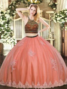 Nice Halter Top Sleeveless 15th Birthday Dress Floor Length Beading and Appliques Coral Red Tulle