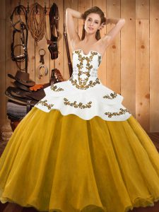 Gold Strapless Neckline Embroidery Quinceanera Dress Sleeveless Lace Up