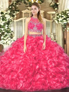 Charming Coral Red Sleeveless Beading and Ruffles Floor Length Quinceanera Dresses