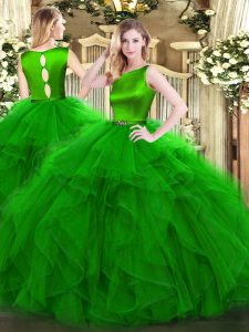 Nice Green 15 Quinceanera Dress Military Ball and Sweet 16 and Quinceanera with Ruffles Scoop Sleeveless Clasp Handle