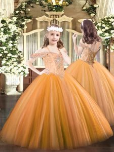 Cheap Orange Ball Gowns Beading Kids Pageant Dress Lace Up Tulle Sleeveless Floor Length