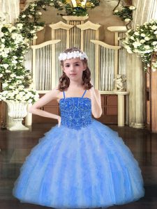 Amazing Baby Blue Lace Up Spaghetti Straps Beading and Ruffles Little Girl Pageant Dress Organza Sleeveless