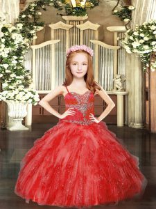 Custom Design Red Ball Gowns Spaghetti Straps Sleeveless Tulle Floor Length Lace Up Beading and Ruffles Pageant Dress