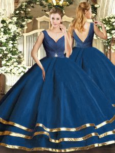 Flirting Floor Length Backless Vestidos de Quinceanera Navy Blue for Sweet 16 and Quinceanera with Beading and Ruffled L