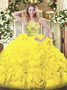 Shining Sleeveless Tulle Floor Length Zipper Sweet 16 Quinceanera Dress in Gold with Beading and Ruffles