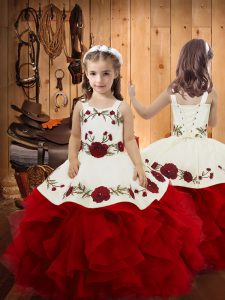 Luxurious Wine Red Ball Gowns Satin and Tulle Straps Sleeveless Embroidery and Ruffles Floor Length Lace Up Little Girls