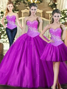 Fabulous Fuchsia Sweetheart Neckline Beading Quinceanera Dresses Sleeveless Lace Up