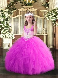 Graceful Straps Sleeveless Tulle Glitz Pageant Dress Beading and Ruffles Lace Up