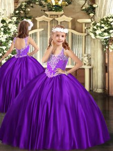Dramatic V-neck Sleeveless Satin Pageant Dress for Teens Beading Lace Up