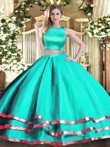 Sleeveless Floor Length Ruching Criss Cross Ball Gown Prom Dress with Turquoise