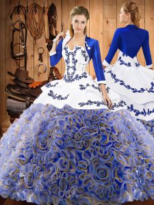 Deluxe Multi-color Lace Up Strapless Embroidery Sweet 16 Quinceanera Dress Satin and Fabric With Rolling Flowers Sleevel