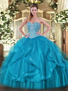Sleeveless Organza Floor Length Lace Up Quince Ball Gowns in Baby Blue with Beading and Ruffles