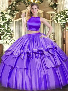 High-neck Sleeveless Criss Cross Quinceanera Dress Purple Tulle