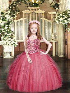 Floor Length Coral Red Pageant Gowns For Girls Tulle Sleeveless Beading and Ruffles