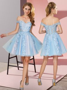 Spectacular Light Blue Quinceanera Court Dresses Prom and Party and Wedding Party with Appliques Off The Shoulder Sleeve