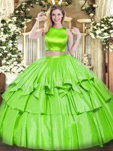 Two Pieces High-neck Sleeveless Tulle Floor Length Criss Cross Ruffled Layers Sweet 16 Dress