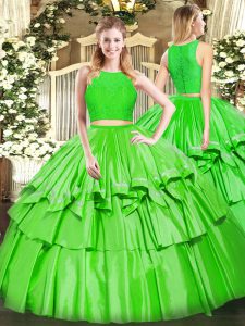 Green Two Pieces Scoop Sleeveless Tulle Floor Length Zipper Ruffled Layers 15th Birthday Dress