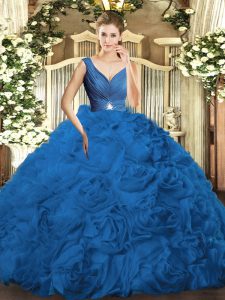 Blue Ball Gowns Beading and Ruching Quinceanera Dress Backless Fabric With Rolling Flowers Sleeveless Floor Length
