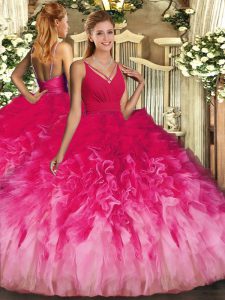 Multi-color Ball Gowns Tulle V-neck Sleeveless Ruffles Floor Length Backless Quince Ball Gowns