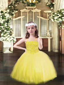 Low Price Sleeveless Tulle Floor Length Lace Up Pageant Dress for Teens in Yellow with Beading