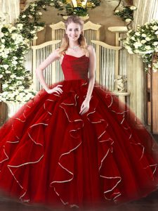 Wine Red Zipper 15 Quinceanera Dress Ruffles Sleeveless Floor Length