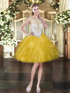 Affordable Mini Length Gold Prom Evening Gown Tulle Sleeveless Beading and Ruffles