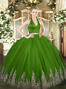 Tulle Halter Top Sleeveless Zipper Appliques Sweet 16 Dresses in Green
