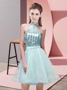 Eye-catching Sequins Wedding Party Dress Aqua Blue Backless Sleeveless Mini Length