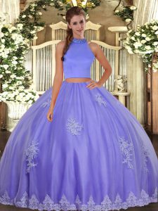 Luxurious Floor Length Lavender Ball Gown Prom Dress Tulle Sleeveless Beading and Appliques
