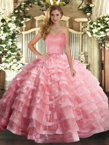 Watermelon Red Ball Gowns Ruffled Layers Sweet 16 Quinceanera Dress Lace Up Organza Sleeveless Floor Length