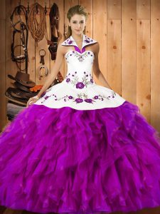 Fuchsia Ball Gowns Halter Top Sleeveless Satin and Organza Floor Length Lace Up Embroidery and Ruffles Quinceanera Gowns