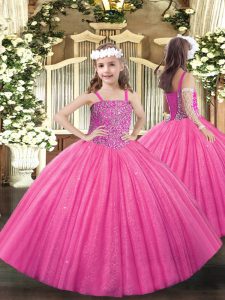 Hot Pink Lace Up Straps Beading Little Girls Pageant Dress Tulle Sleeveless