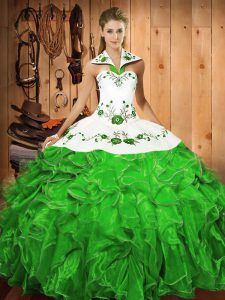 Green Ball Gowns Halter Top Sleeveless Satin and Organza Floor Length Lace Up Embroidery and Ruffles Quinceanera Gowns