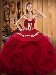 Floor Length Burgundy Quinceanera Dress Organza Sleeveless Embroidery and Ruffles