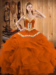 Dazzling Ball Gowns Quince Ball Gowns Rust Red Sweetheart Satin and Organza Sleeveless Floor Length Lace Up