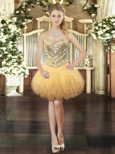 Gold Ball Gowns Sweetheart Sleeveless Tulle Mini Length Lace Up Beading and Ruffles Prom Party Dress