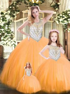 Ball Gowns Quinceanera Gowns Orange Red Scoop Tulle Sleeveless Floor Length Lace Up